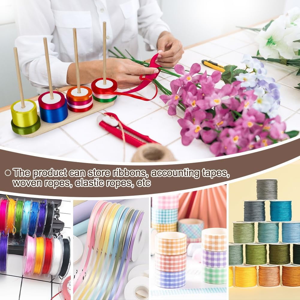 2 Pcs Wooden Ribbon Rack Storage 14x4x0.6Inch 4 Rows Spool Racks Ribbon Organizers Washi Tape Organizer Wire Spool Stand for Sewing Craft Organization and Gift Wrapping diy