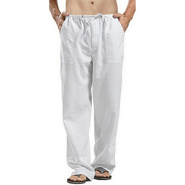 Pantalones casuales de lino para hombre, pantalones holgados de pierna recta con cintura elástica, pantalones de yoga para playa y verano