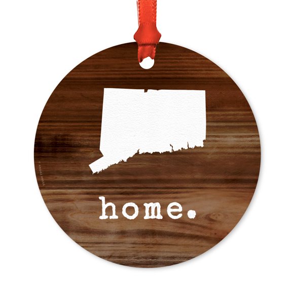 US State Round Metal Christmas Ornament, Rustic Wood Print, Connecticut, Includes Ribbon and Gift Bag