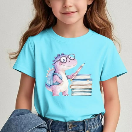 Fatuov Graphic Tees for Girl Summer Crew Neck Breathable T-Shirt for Kids Boys Short Sleeve Cute Printed Back to School Clothes 11 Years Sky Blue