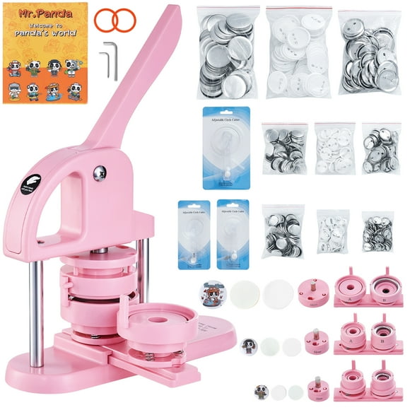 KFFKFF 3-Function Button Creator, Sizes 1/1.25/2.28 inch(25/32/58mm), Includes 300 Button Components, Button Creation Device with Panda Enchantment Book, Comfortable Arc Grip Punch Press Set