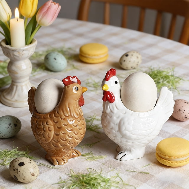 Cagogo 2Pcs Easter Egg Holder, Ceramic Chicken Shape Egg Holder for Easter Decorations, Handmade Ceramic Egg Display Stand for Easter Eggs, Easter Home Decor Table Centerpiece for Spring Holiday