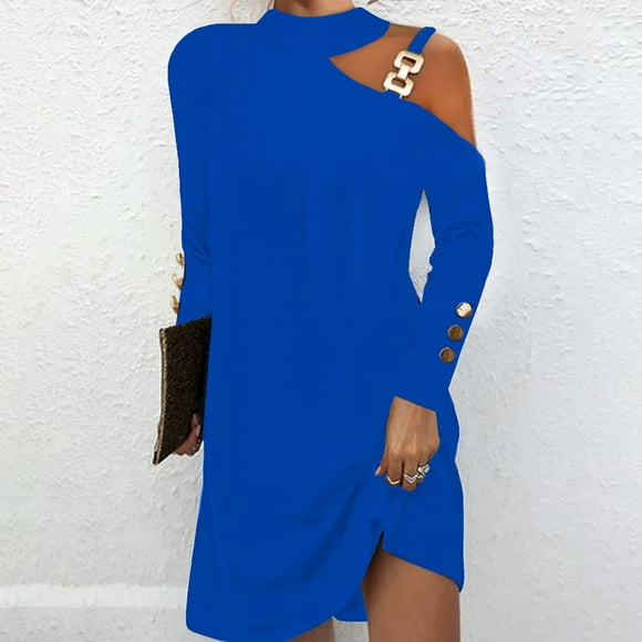 Women Autumn Causal Simple Halter Solid Color Off Shoulder Sling Pullover Dress