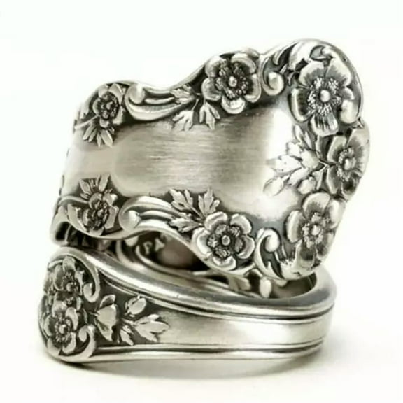 GKNET Vintage Style Silver Color Wrap Flower Pattern Spoon Open Ring for Women Jewelry-01#