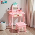 thumbnail image 2 of Tcbosik Compact Vanity Set with Stool and Mirror, Modern White Makeup Table with Drawer and Open Boxes, Pink Dot and Flower Patterns, Dressing Table for Bedroom, Pink, 2 of 8