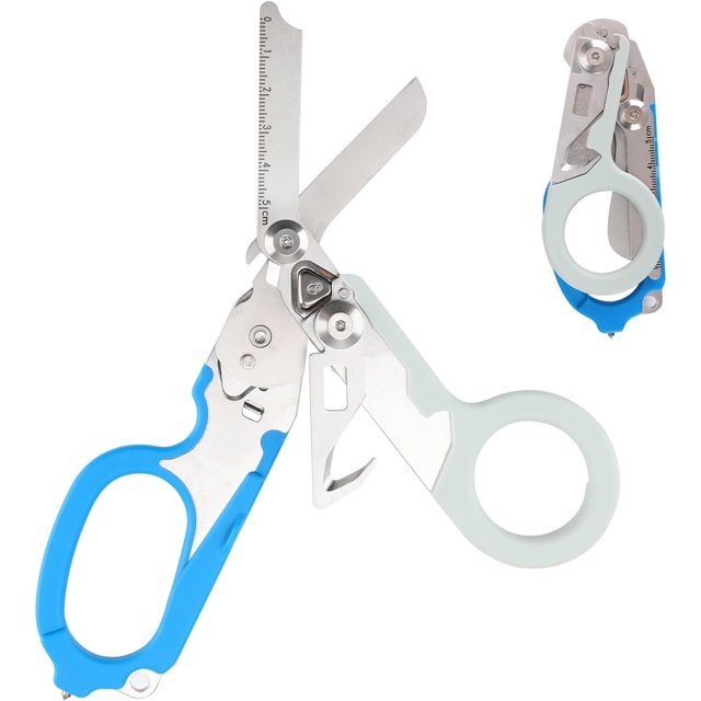 OLIDIT Tijeras de trauma 6 en 1 plegables, tijeras médicas plegables de emergencia, tijeras médicas de bolsillo con cortador de correa y rompevidrios (morado luminoso)