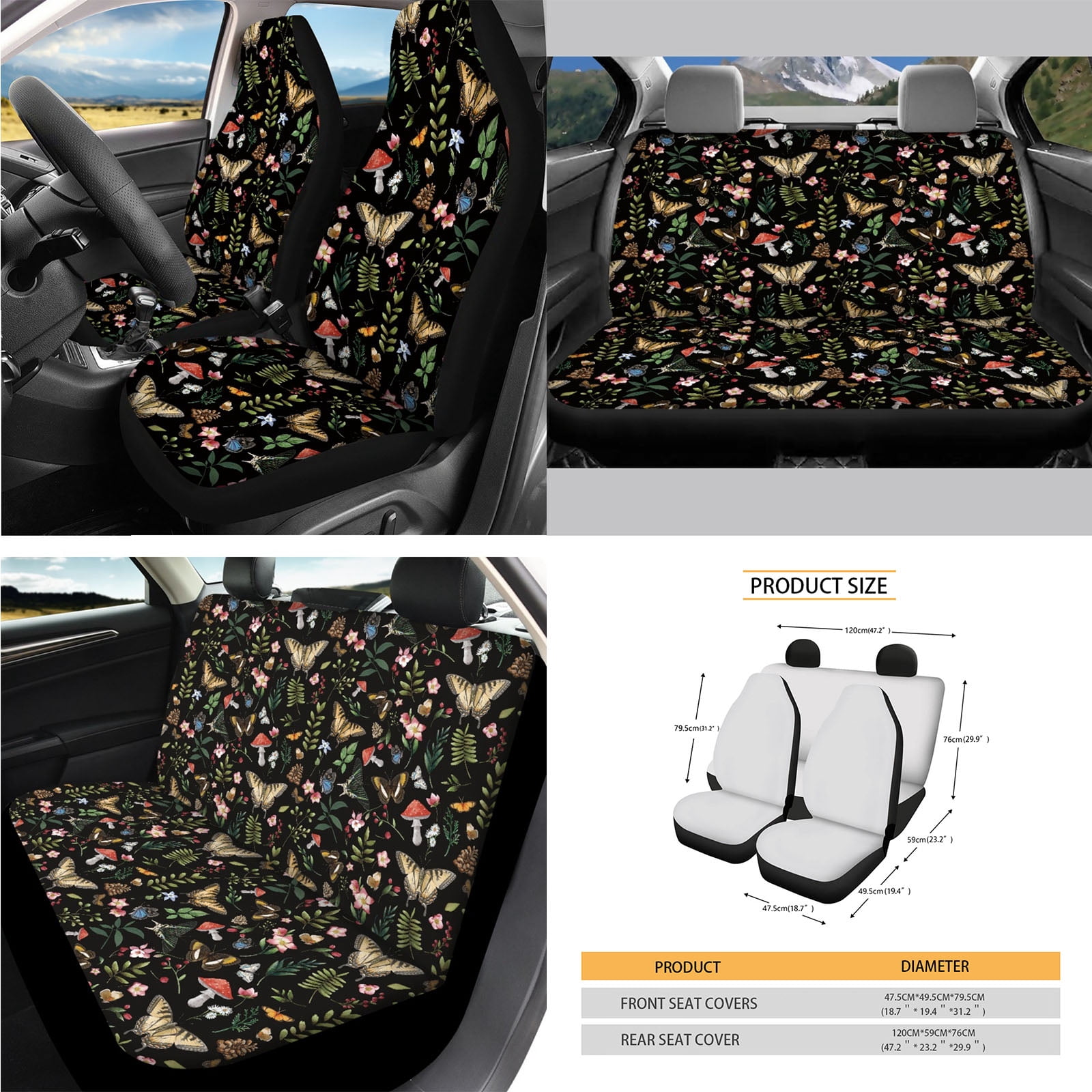Yuyamidu Butterfly Car Seat Cover Protector Mushroom Steering Wheel Cover Seatbelt Pads Auto Armrest Cover Trash Bin Rearview Mirror Cover Handbrake Cover Set Coasters 14pcs Car Accessories Set