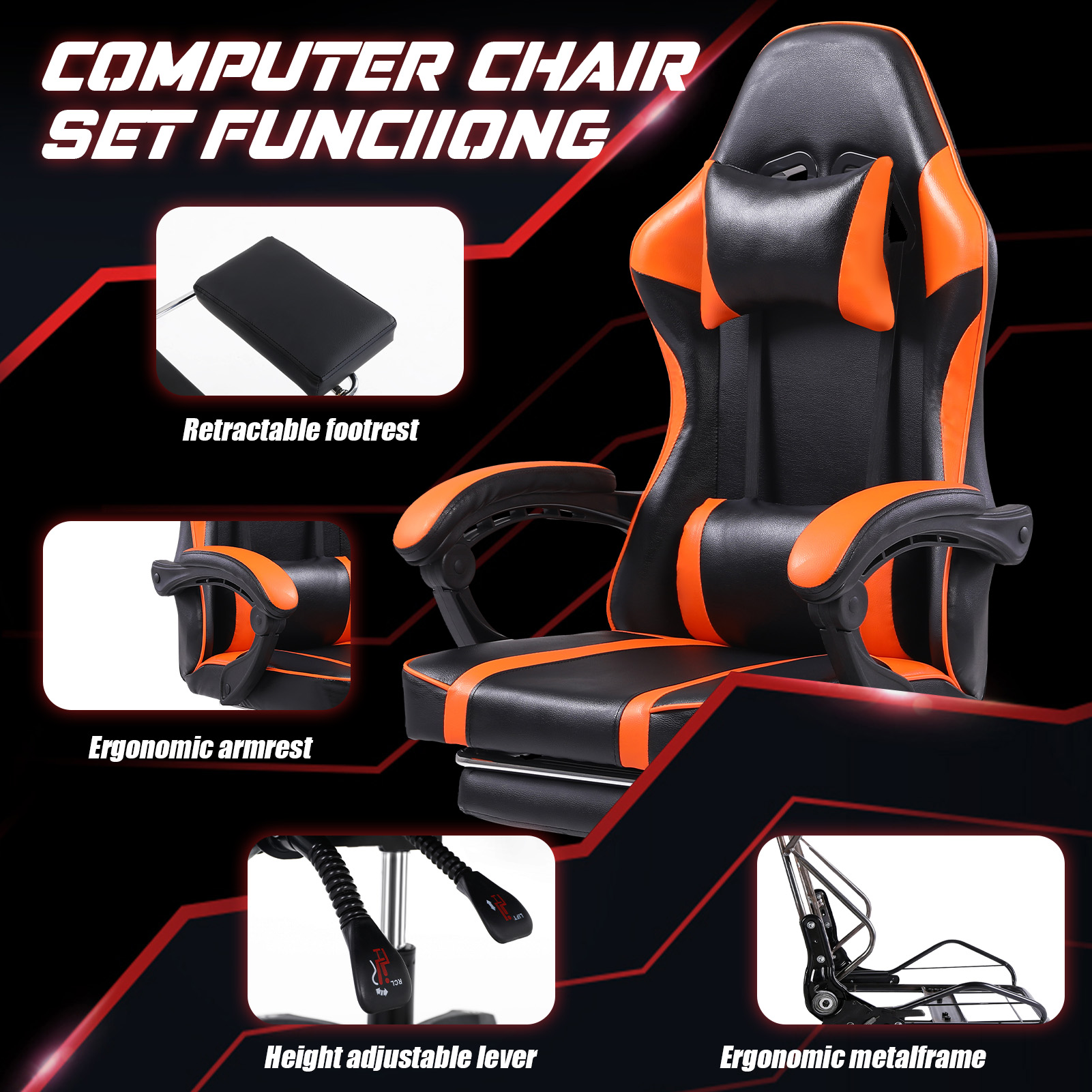 Video Game Chairs for Adults, PU Leather Gaming Computer Chair with Footrest, 360°Swivel Adjustable Lumbar Pillow