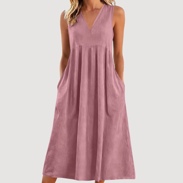 TaTaai Women's V-Neck Maxi Dress Sleeveless Linen Feel Solid Color Casual Pocket Detail Crinkle Texture Loose Fit Summer Gift