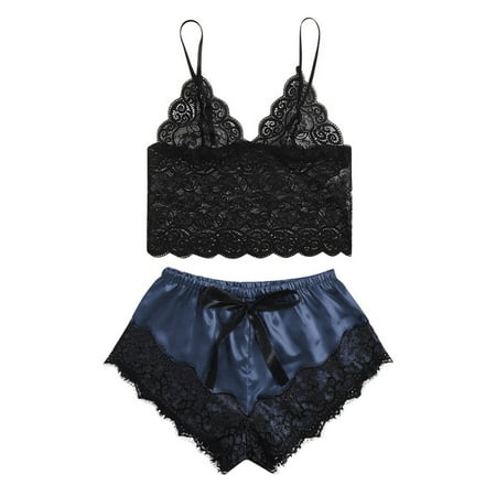 

HTNBO Women Lingerie Sexy Sets exotic Sexy Solid Color Satin Ladies Lace Blue XXL