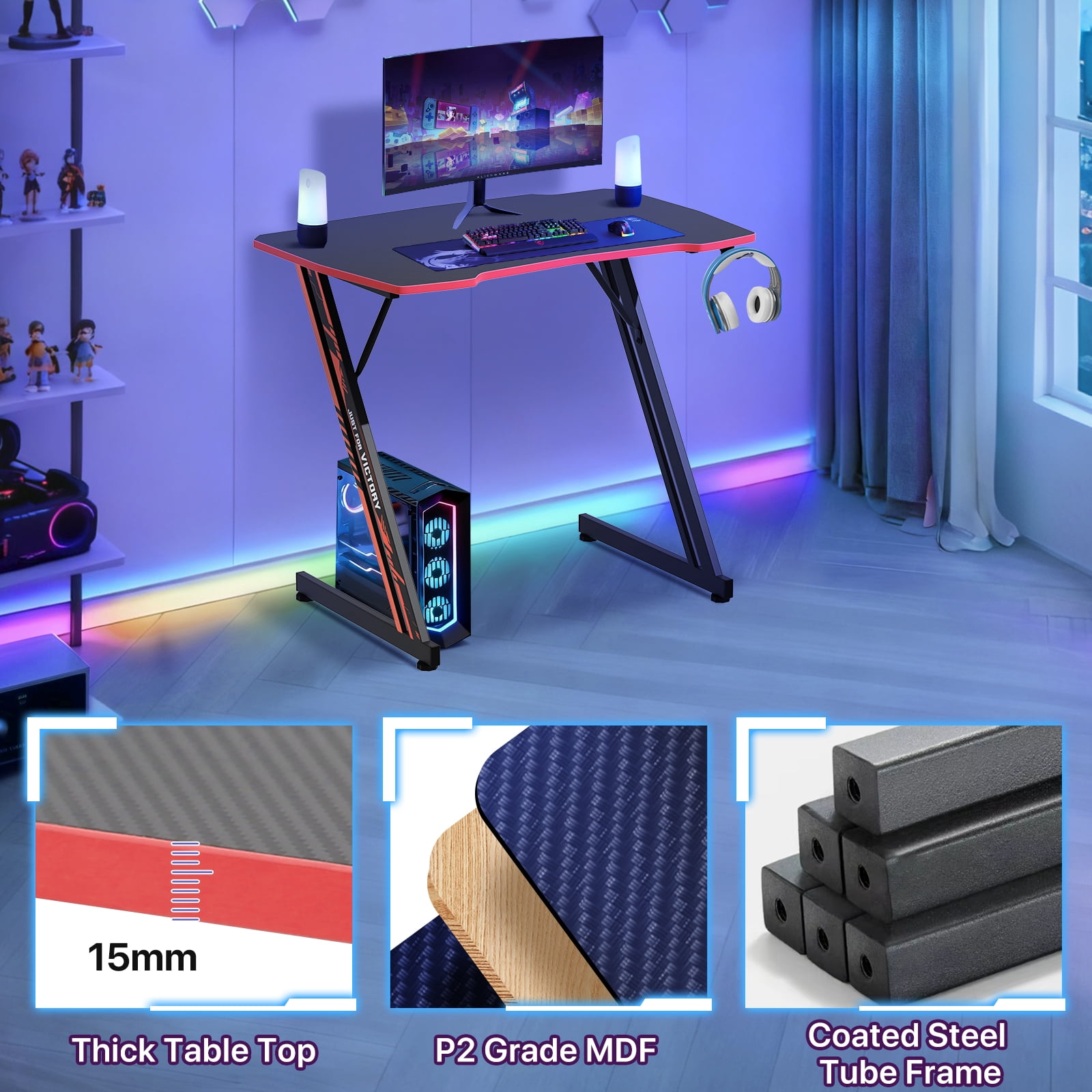 35"L Gaming Desk Z-Shaped Carbon Fiber Surface PC Gamer Table with  Headphone Hook, Computer Desk Gamer Desk Office Desk for Adults&Teen （Red）