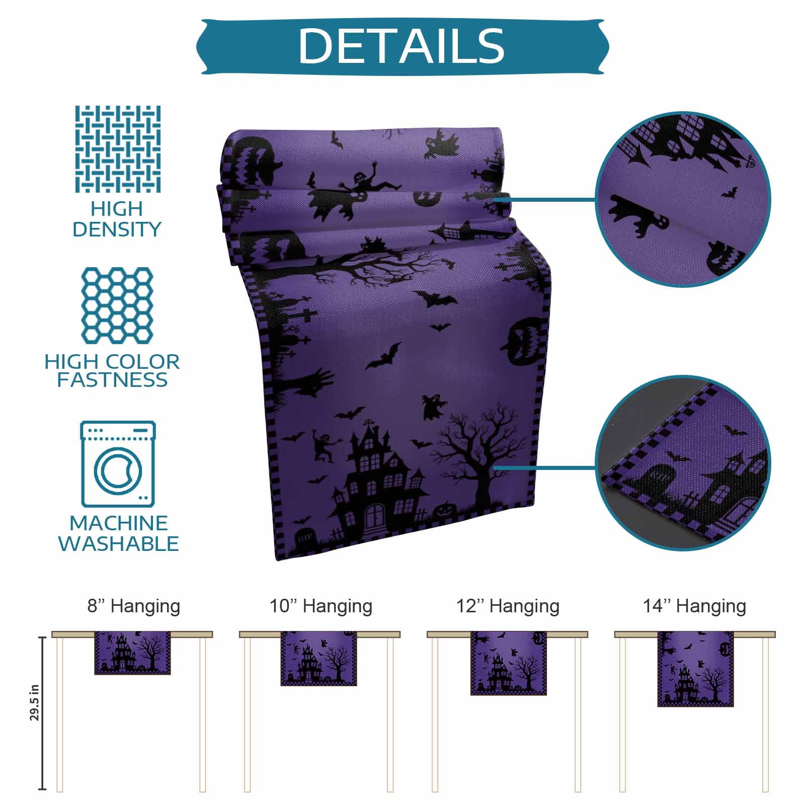 Halloween Purple Table Runner 36 Inches, Spooky Ghost Castle Pumpkin Plaid Bed Runner Dresser Scarves Tabletop for Indoor Outdoor Parties/Ceremony/Banquet, 13"x 36"