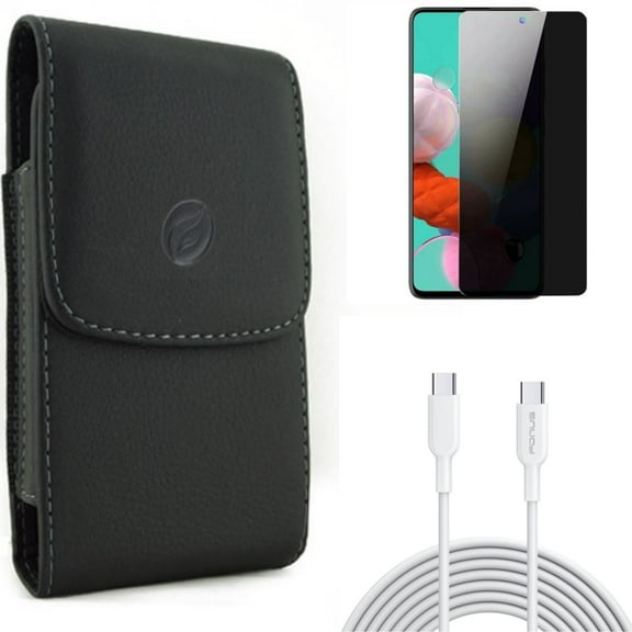 Case Belt Clip & 6ft Long Type-C Cable & Privacy Screen Protector for Samsung Galaxy S20 Fan Edition - Leather Holster   PD Fast Charger Cord   Tempered Glass Anti-Spy Combo