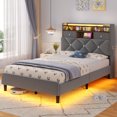 thumbnail image 2 of Twin Size Platform Bed Frame with LED Light and Charging Station,Velvet Upholstered Headboard with Hidden Storage,with 2 Drawers & Storage Shelves,Grey, 2 of 9