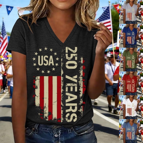 250 Anniversary Usa Tshirt Women's Patriotic Graphic V Neck Short Sleeve Tee Independence Day Womens Tees Army Green L