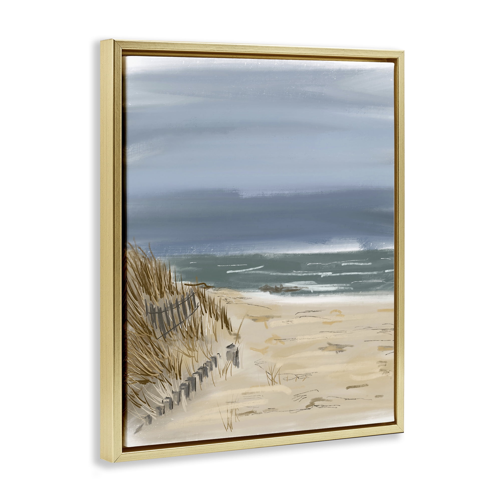 Stupell Industries Serene Beach Fence Landscape Painting Gold Floater Framed Canvas Art Print Wall Art, 17 x 21
