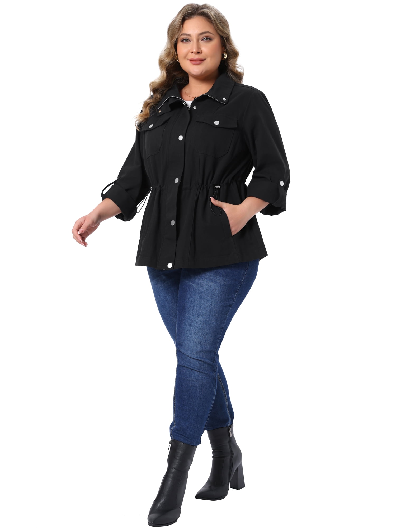 DARING DIVA Women's Plus Utility Lightweight Anorak with Pockets Jacket 1X Black