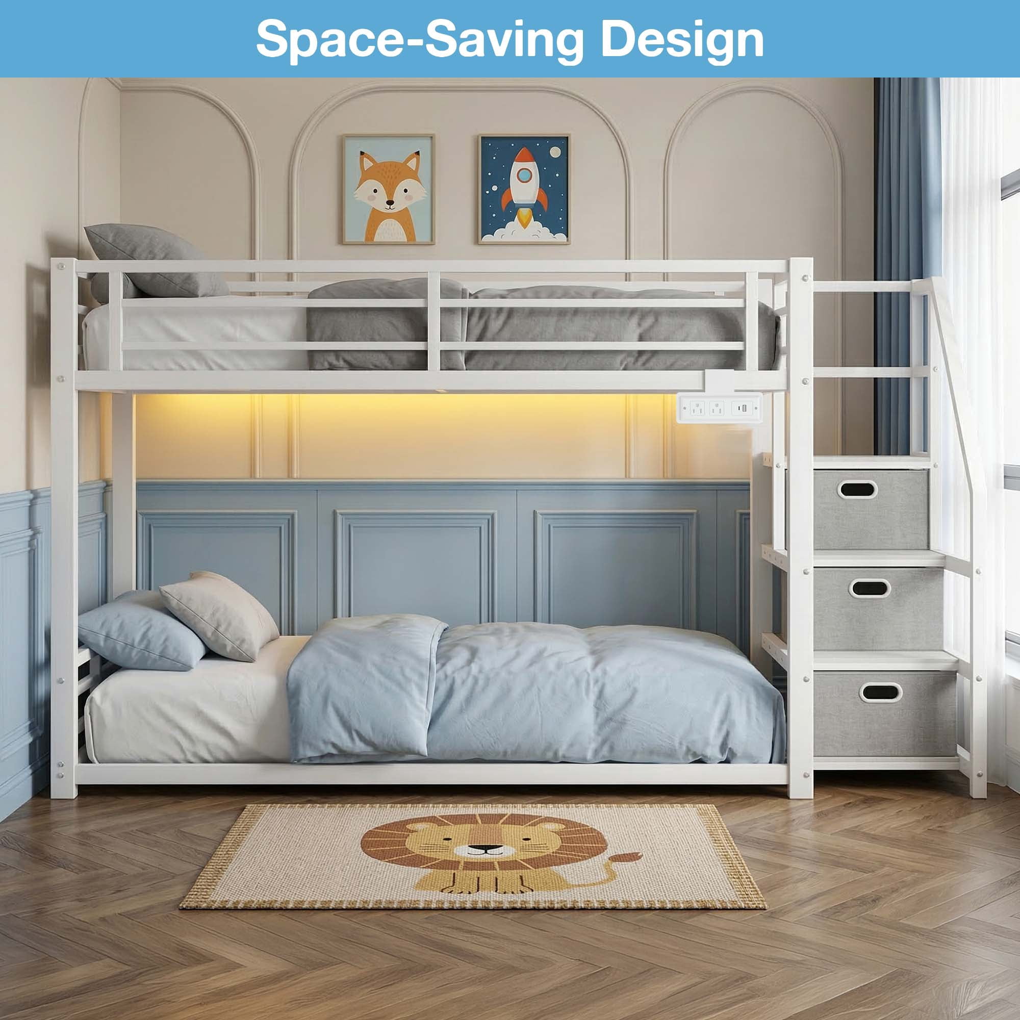 Twin Over Twin Bunk Bed with Storage Stairs, Movable Charging Station and LED Lights, White
