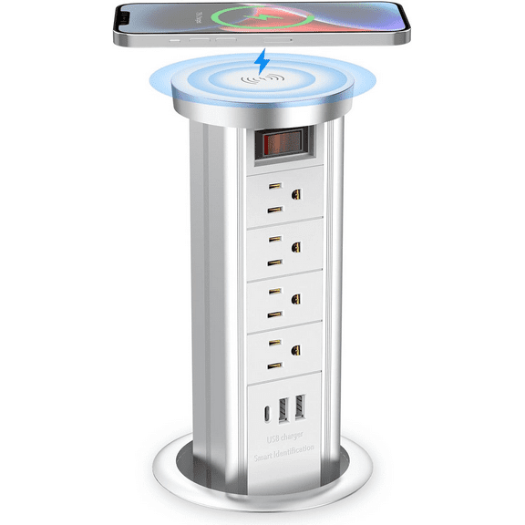 Pop Up Outlet for Countertop, Receptacle Power Strip with USB C & 4 AC Outlet, Pull Popup Outlet Recessed Power Socket with 10W Wireless Charger for Kitchen Conference Office