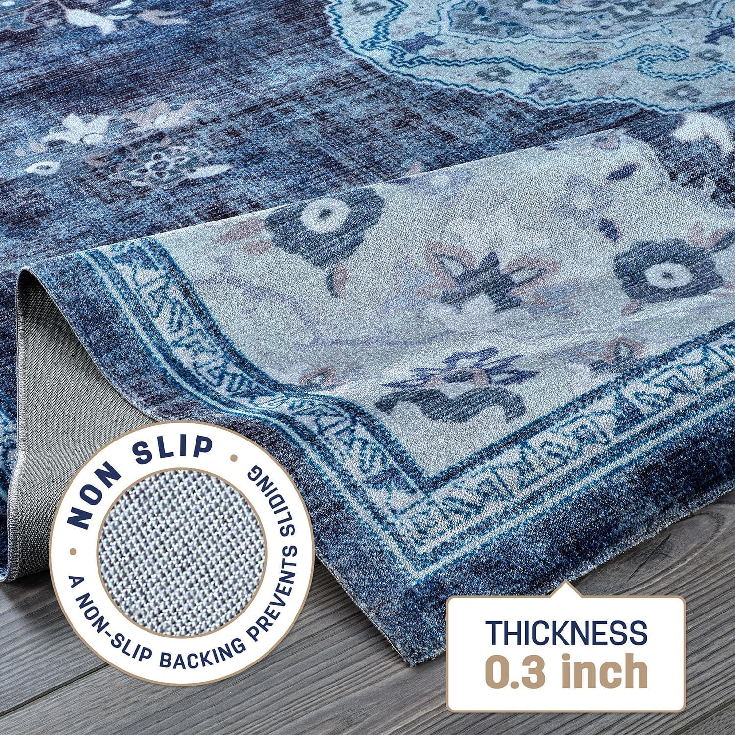 Beverly Rug Machine Washable Easy Cleaning Indoor Non-Slip Rugs Blue / Turquoise 5'x7'
