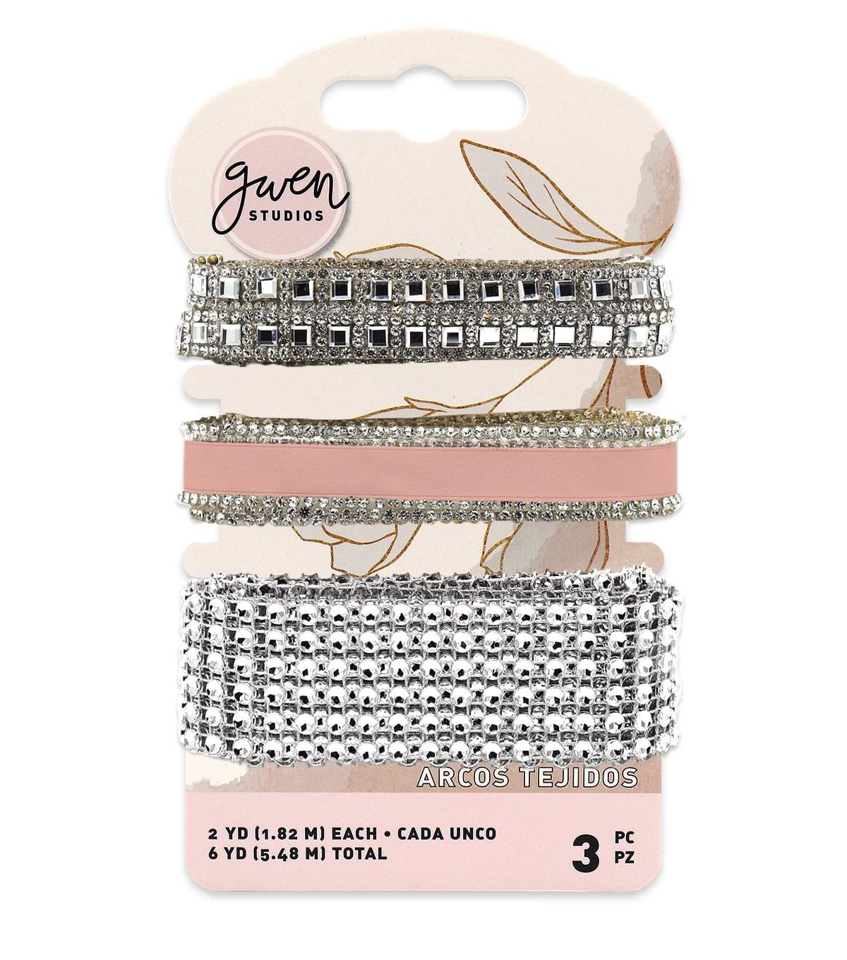 Coral Satin and Rhinestone Trim Embellishment Set, 3 Styles, 6 Yards by Gwen Studios