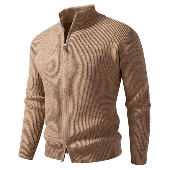 Miluxas Men's Full Zipper Cardigan Casual Stand Collar Cardigan Sweater Ribbed Knit Long Sleeve Sweater Khaki
