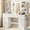 47" White, variant on Kromapolis 36" Fluted Vanity Desk with Adjustable LED Lights & Charging Station, 4 Drawers Makeup Table with Tempered Glass Top, 8 Open Shelves, Hair Dryer Holder for Bedroom, White