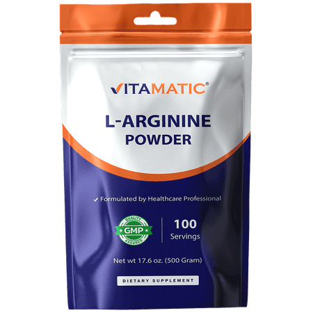 Vitamatic L-Arginine Pure Powder 500 Gram | Unflavored | Non GMO | Gluten Free | No Additives | 5000mg Per Serving | 100 Servings