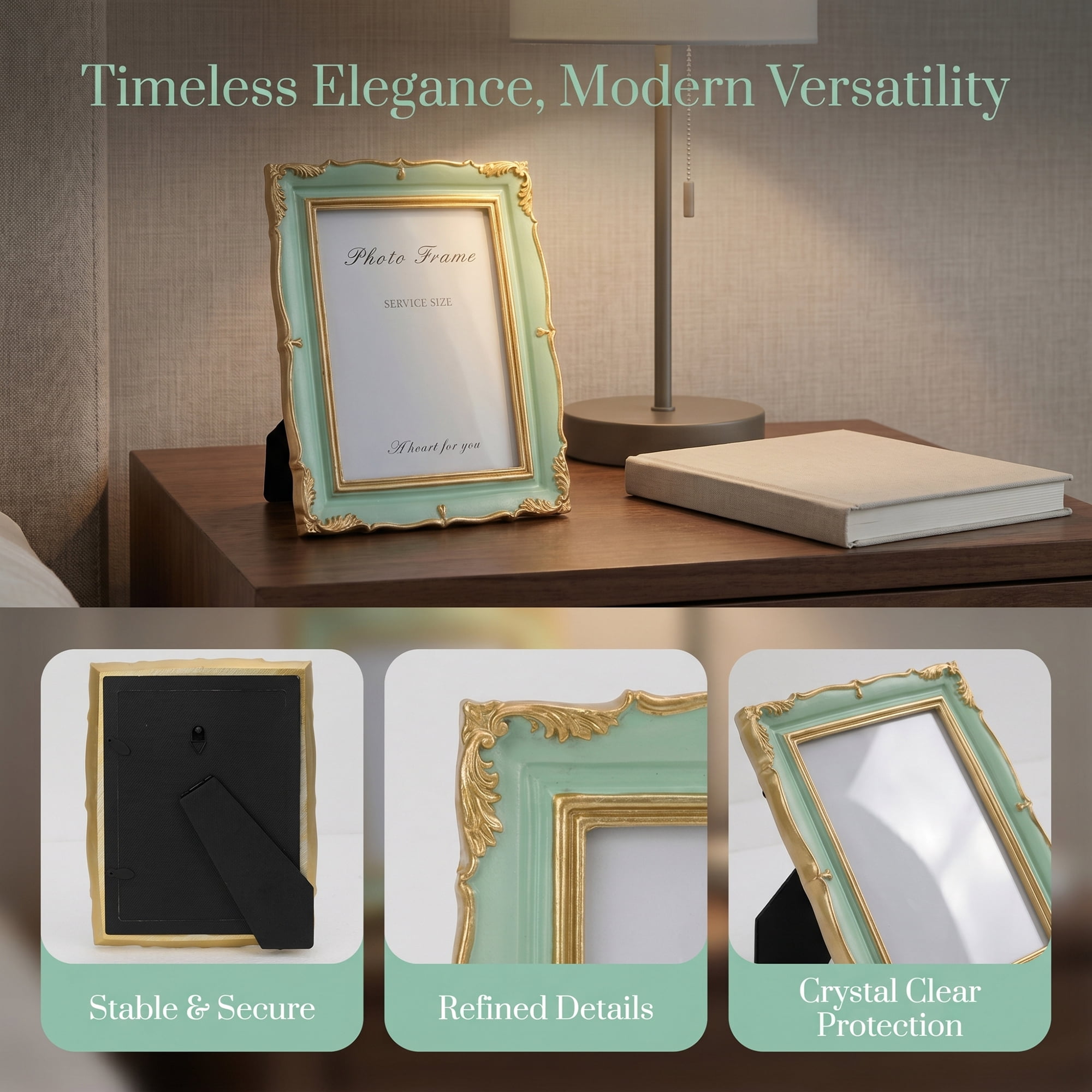Unique Bargains Resin Traditional Photo Frame for Desk Gallery Wall Light Green 5" x 7"