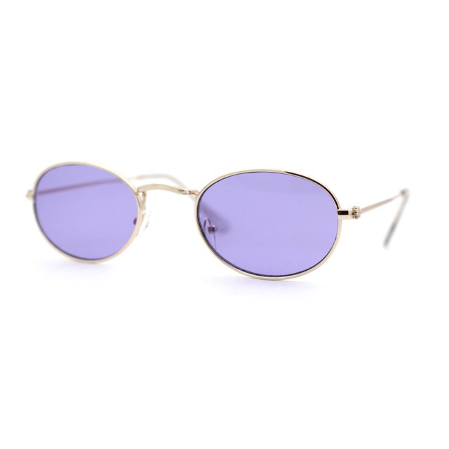 Hippie Micro Narrow Oval Pop Color Lens Metal Rim Sunglasses Gold Purple