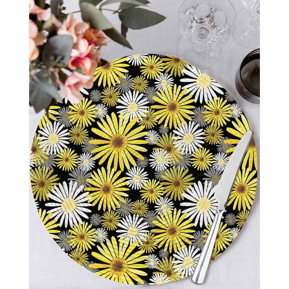 15 Inch Round Placemats Set of 4, Farmhouse Daisy Non Slip Heat Insulation PP Table Mats, Spring Watercolor Yellow White Floral Washable Place Mats for Kitchen Dining Party Table Decor