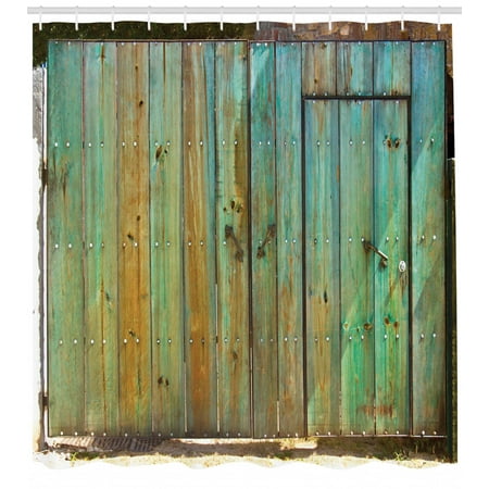 Wood Bathroom Set Vintage Shower Curtain, Rustic Old Wood Gate Dated Tuscany House Entrance with Antique Texture Photograph, Fabric Bathroom Set with Hooks, Mint Brown, by Ambesonne ()