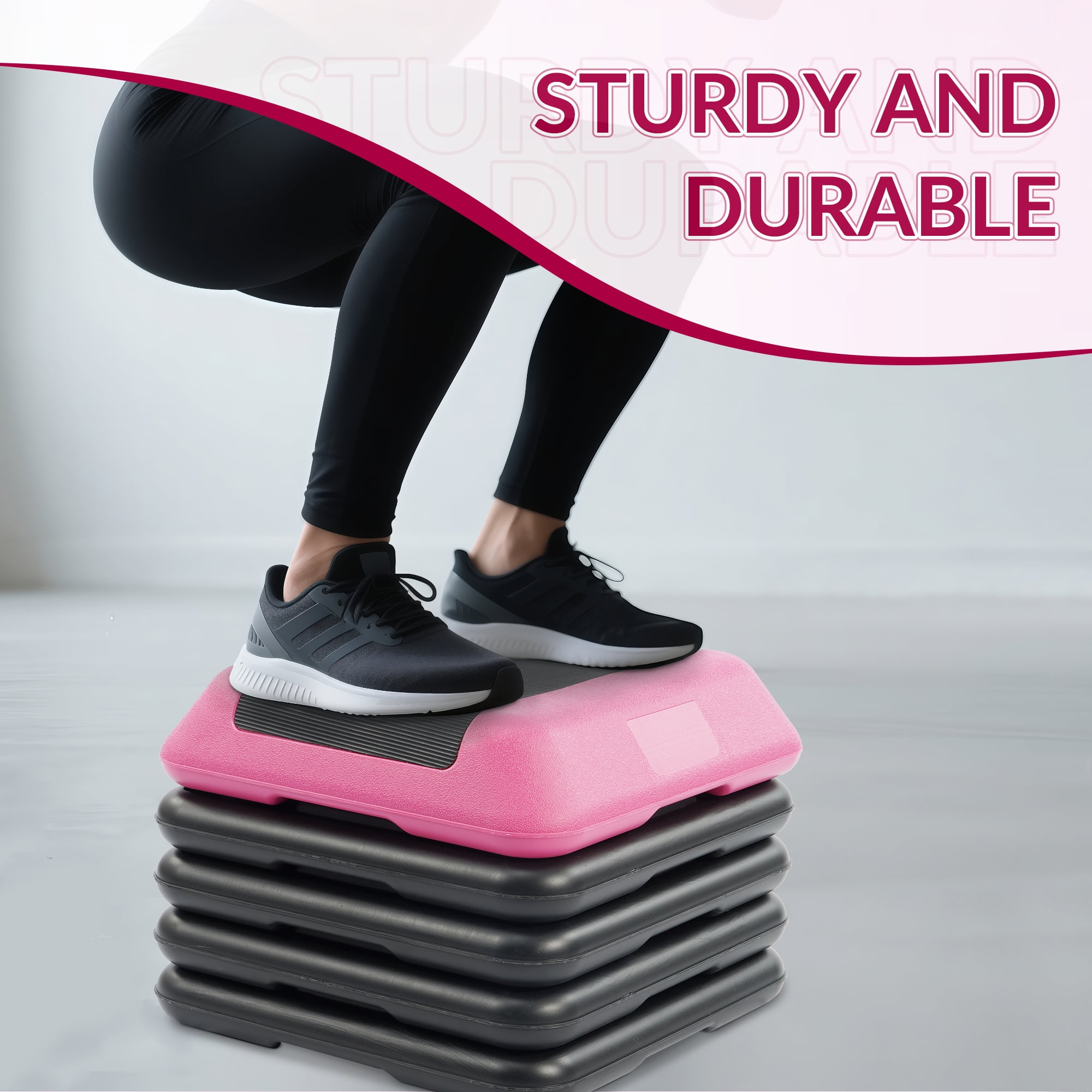 Signature Fitness Adjustable Aerobic Step Platform with 4 Risers, Non-Slip Stepper for Home Gym Workouts – 16", 28", 43", Pink/Blue/Gray