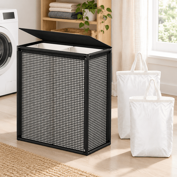 Double Laundry Hamper With Lid 155l Large Basket 2 Section Beige