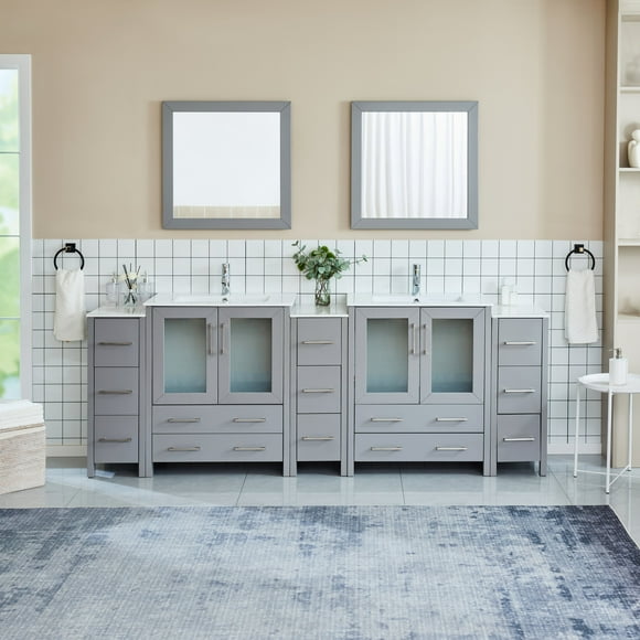 Vanity Art 96 in. W Double Sink Bathroom Vanity with Ceramic Top and Two Free Mirrors