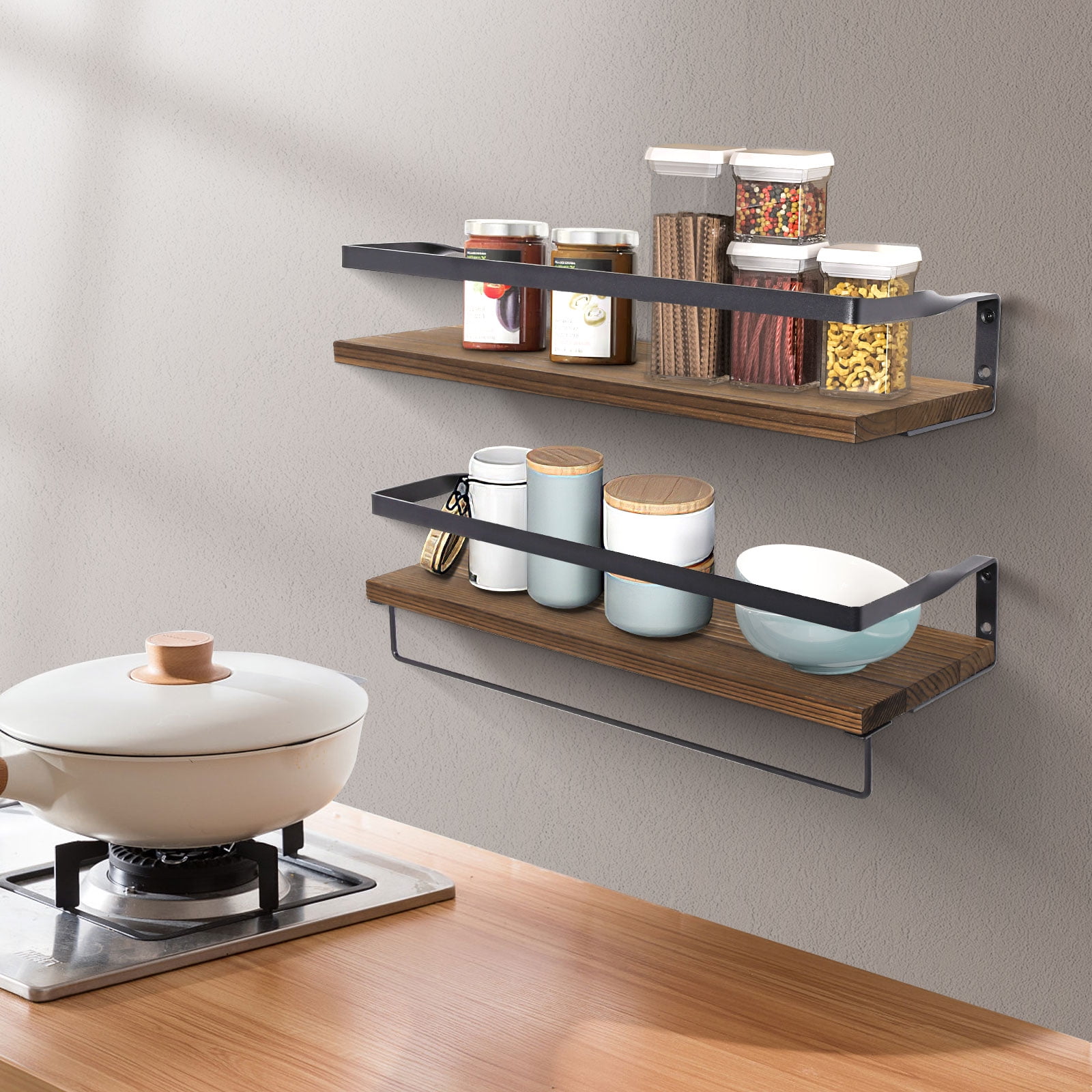 Uten Wall Mounted Floating Shelves Set of 2, Solid Wood Storage Shelves on Metal Frame and Towel Bar for Bathroom, Kitchen, Bedroom, Decorative & Space Saving