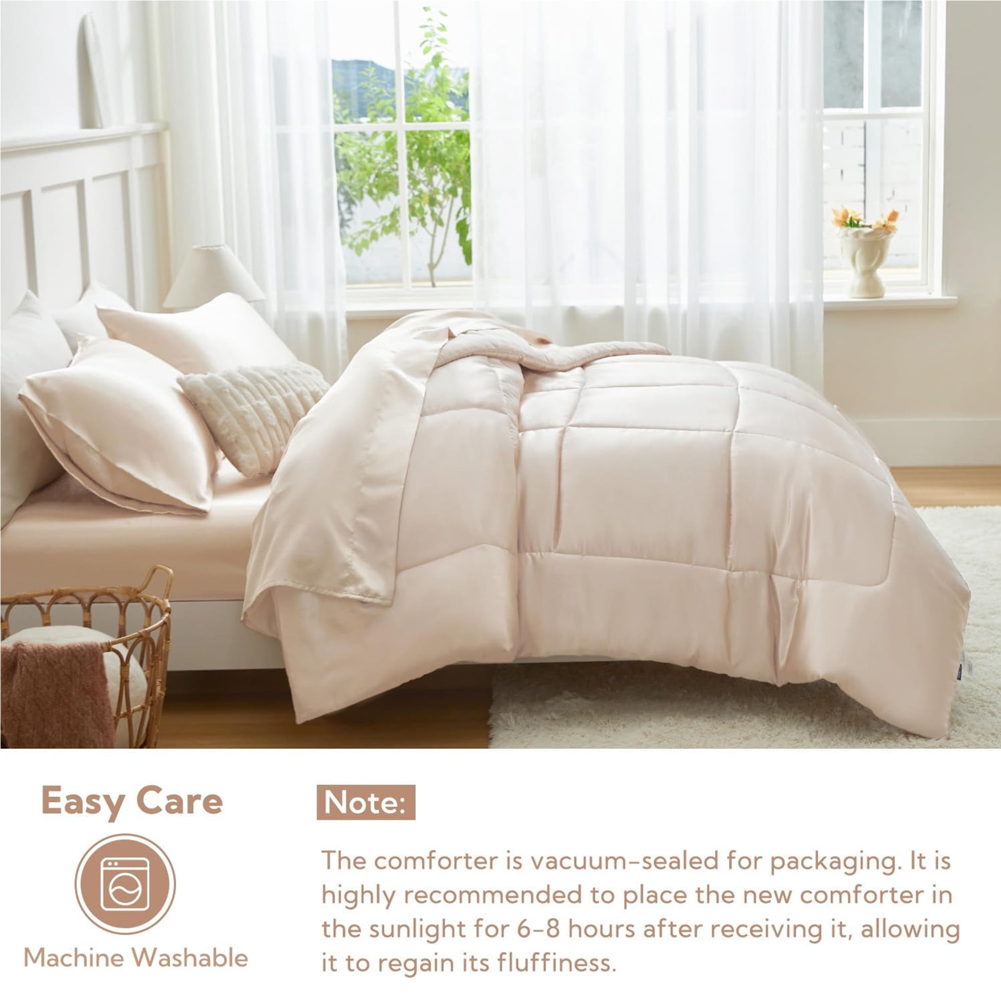 MR&HM Reversible Satin Microfiber Comforter 3 Pieces Full Size, Beige Full Comforter Set for All Seasons, Silky Soft Satin Comforter for Hair and Skin, with Satin Pillowcases Set of 2