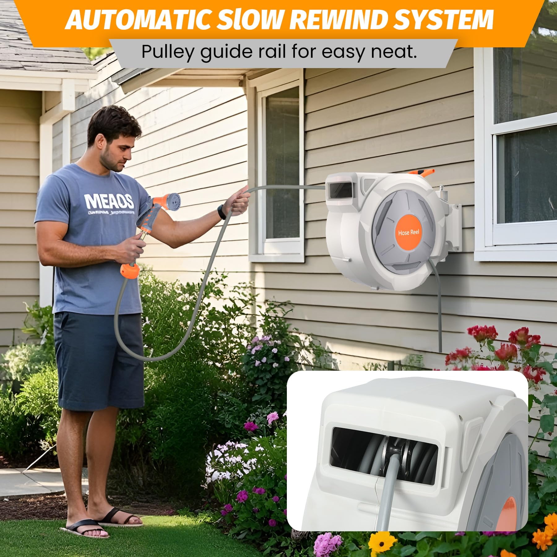 Kojooin Wall Mounted Retractable Hose Reel – Automatic Rewind, Adjustable Length Lock, 180° Swivel Bracket, Slow Return System