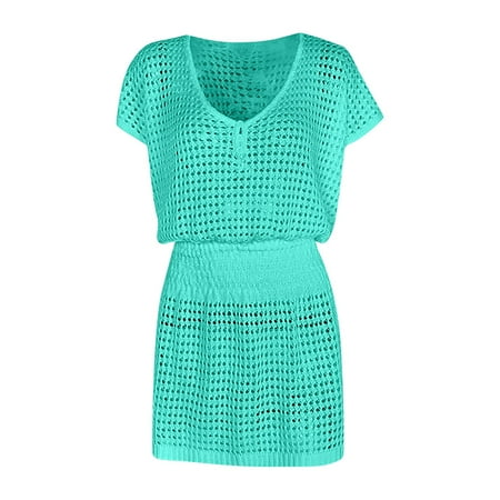 Ashirexll Summer Dresses for Women 2025 Swimsuit Beachwear Loose Solid Color Hollow Out Knit Bikini Cover-Up Green XL