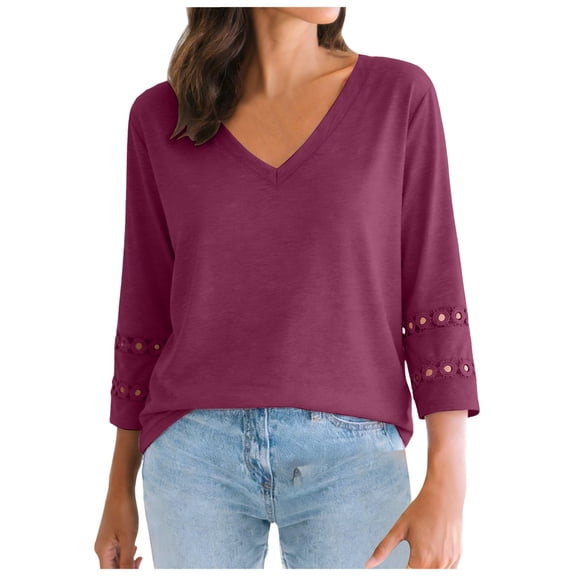 vigerkar 3/4 Length Sleeve Womens Tops Dressy Casual Blouses for Women 2026 Trendy V Neck T Shirts Summer Clothes (Wine, XXL)