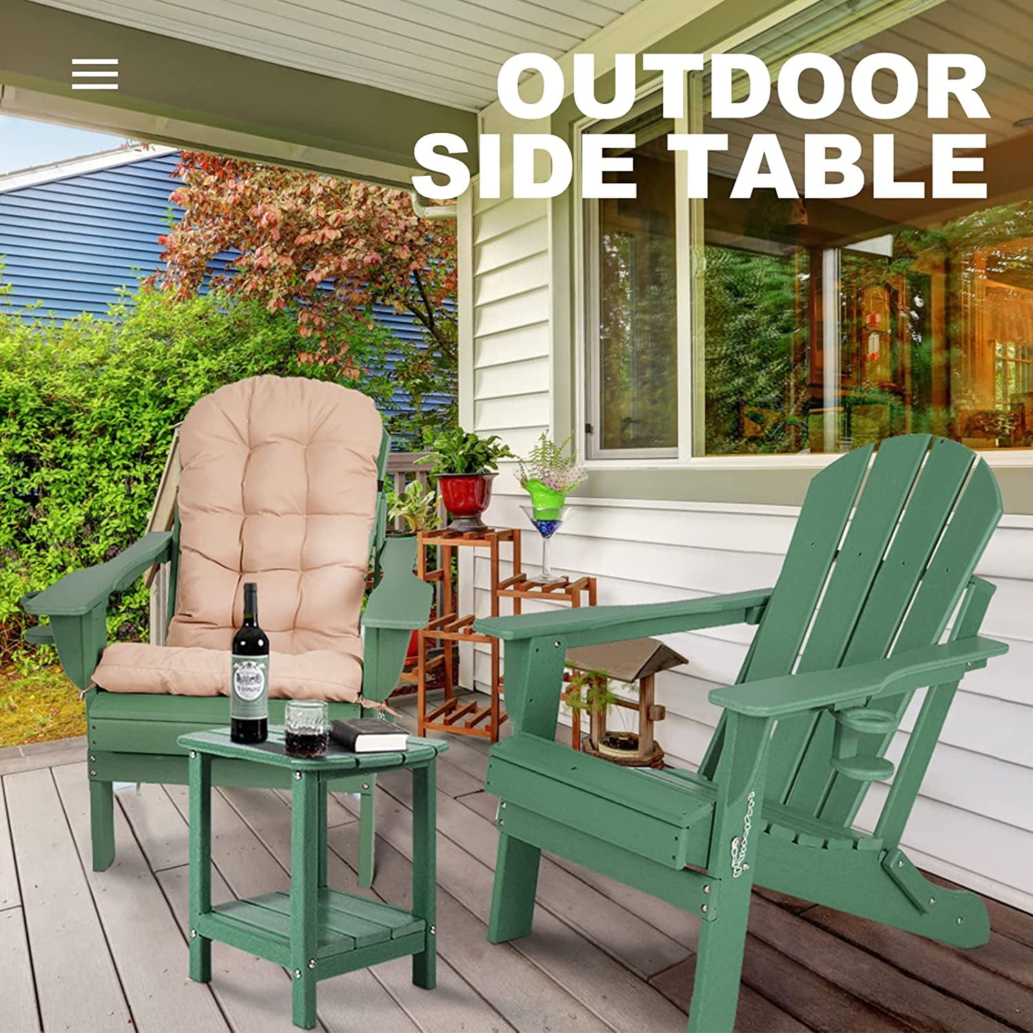 Nalone Adirondack Outdoor Side Table, HDPE Plastic and Double Adirondack End Table, Green