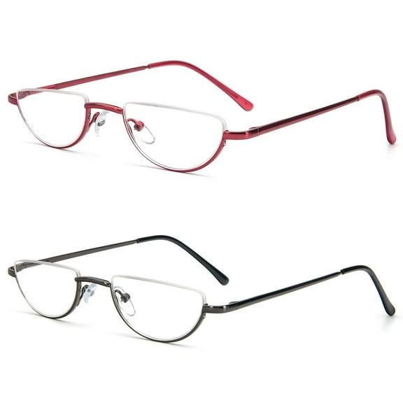 REAVEE 2 Pack Half Lens Reading Glasses Men Women Spring Hinge Metal Half Frame Readers Slim Half Moon Eyeglasses Gray and Red