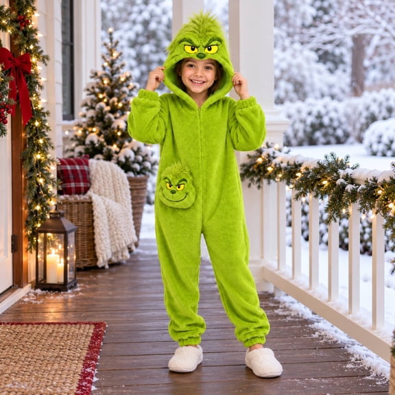 CUIYUAN Christmas Monster Hooded Onesie Pajamas for Kids Green Fleece Jumpsuit with Hood Warm Loungewear Holiday Cosplay Pajama Cozy Plush Pjs