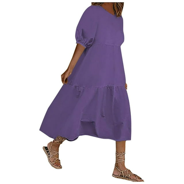 PENGXIANG Robes Noires pour les Femmes de Mode Femmes Lâches Couleur Unie O-Cou Manches Courtes Robe Décontractée Manches Courtes
