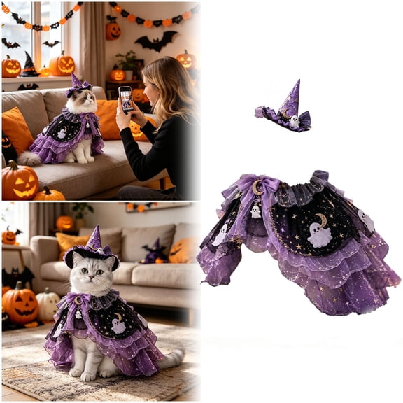 Halloween Cat Witch with Adjustable Cloak, Black and Purple Wizard Cape with Pumpkin Ornament and Hat for Medium Large Cats, Pet Apparel and Accessories