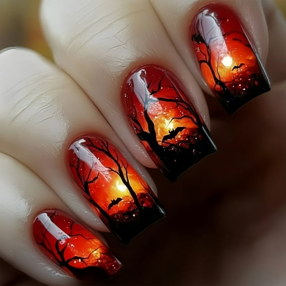 Halloween Fake Nails 24Pcs/set Ghostly Cobweb Design Durability Press On Artificial Nails For Themed Parties