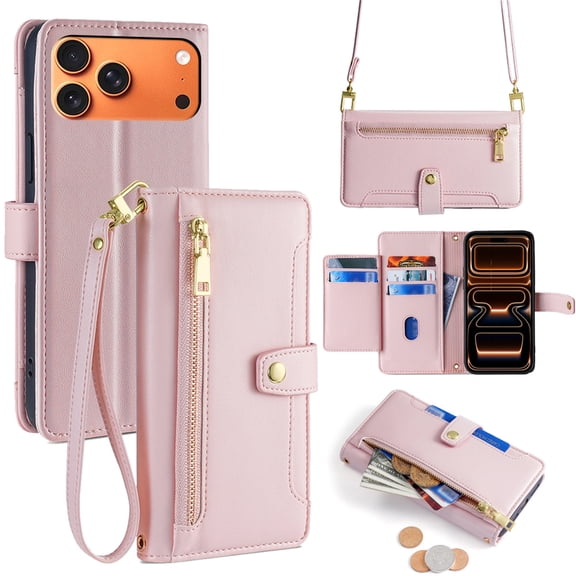 Allytechgroup for iPhone 17 Pro Max Wallet Case, Large Space Cards Slots Zipper Pocket Shoulder Strap Kickstand Shockproof Wallet Phone Case Full Body Cover Bumper for iPhone 17 Pro Max, Pink