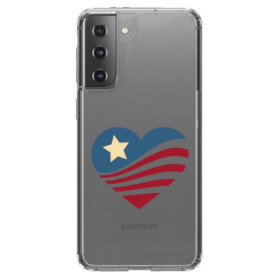 DistinctInk Clear Shockproof Hybrid Case for Galaxy S21 5G (6.2" Screen) - TPU Bumper Acrylic Back Tempered Glass Screen Protector - USA Heart Flag Single Star