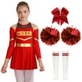 thumbnail image 1 of MSemis Tenue d'Uniforme de Cheerleading pour Filles Enfants Performance Robe de Danse à Épaules Dénudées avec Nœud Couvre-Chef Fleurs à la Main Chaussettes Rayées Rouge B 12, 1 of 6