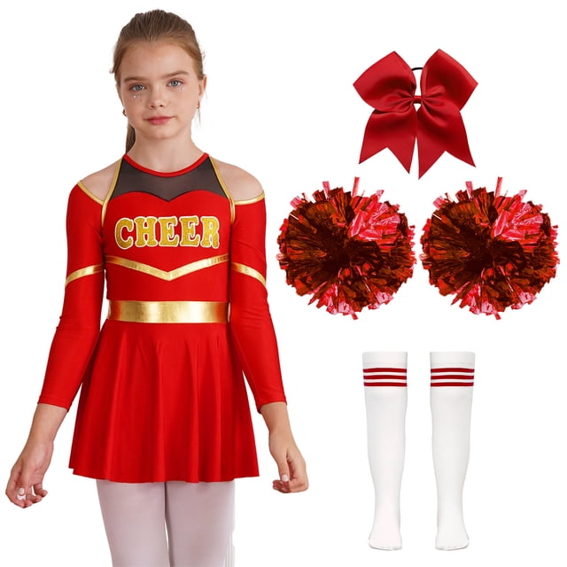 MSemis Tenue d'Uniforme de Cheerleading pour Filles Enfants Performance Robe de Danse à Épaules Dénudées avec Nœud Couvre-Chef Fleurs à la Main Chaussettes Rayées Rouge B 12